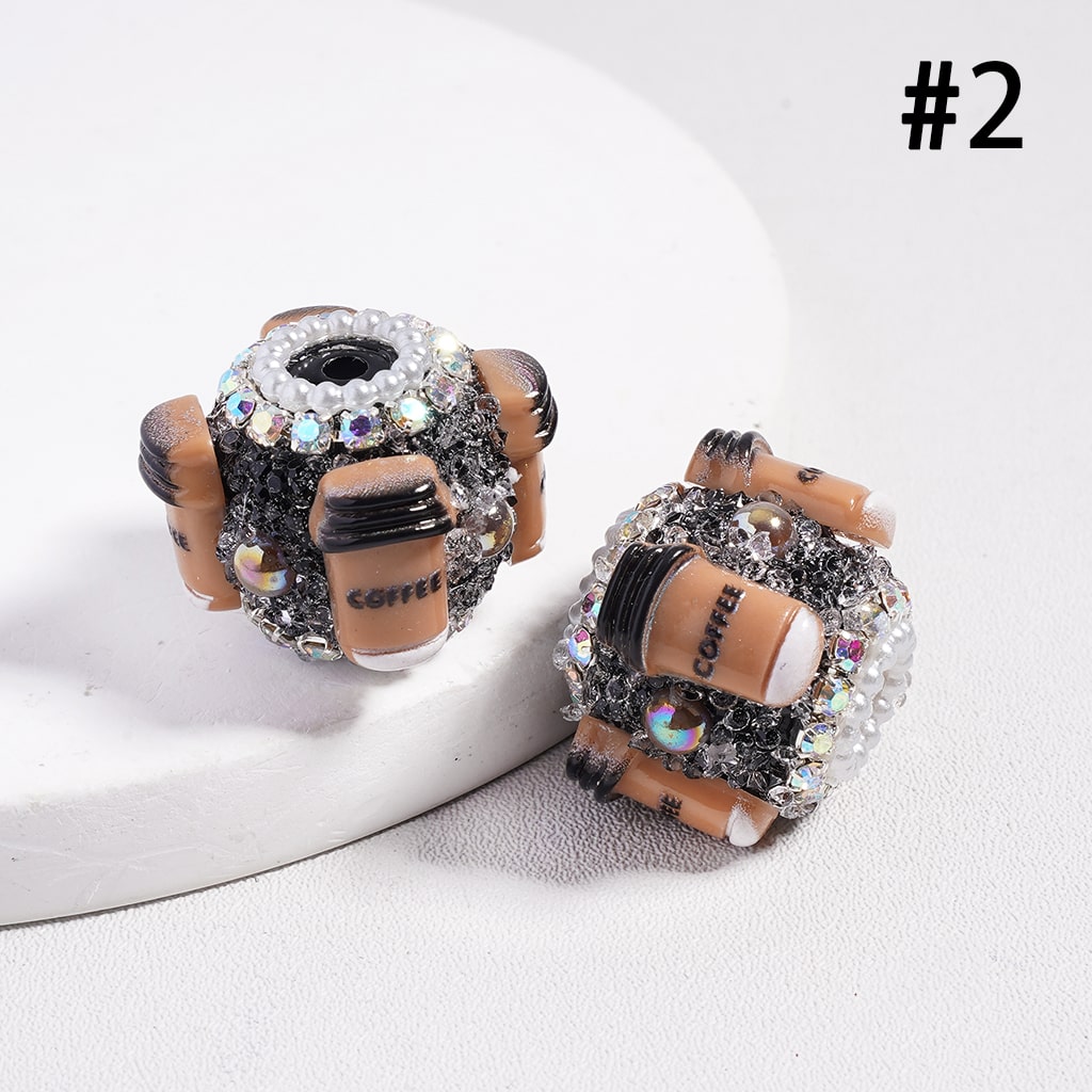 Sugar Acrylic Beads w Coffee Cup & Brown Half-Shell Pearls, AB Rhinestones White Pearls Chains, 20MM, Multi-Color