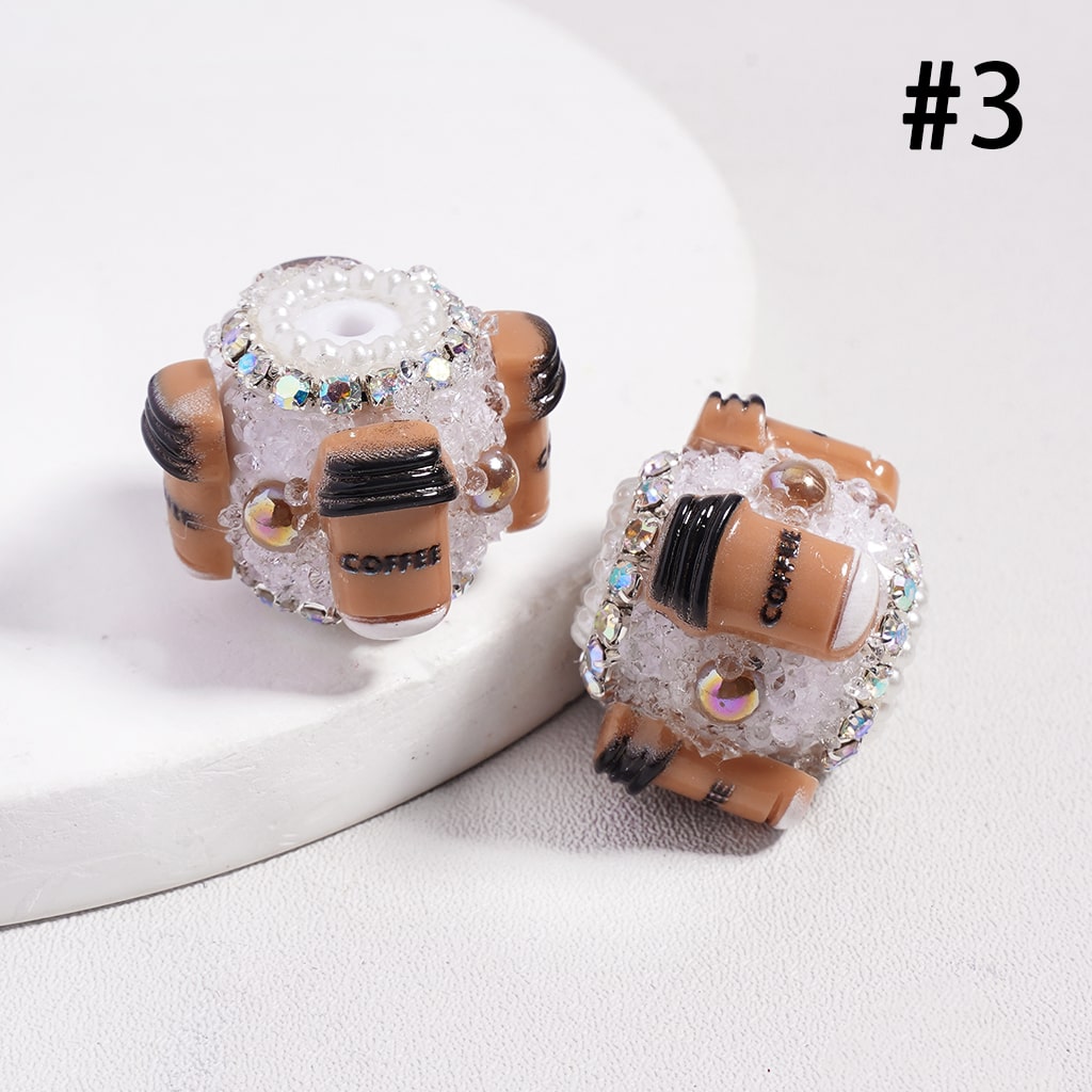 Sugar Acrylic Beads w Coffee Cup & Brown Half-Shell Pearls, AB Rhinestones White Pearls Chains, 20MM, Multi-Color