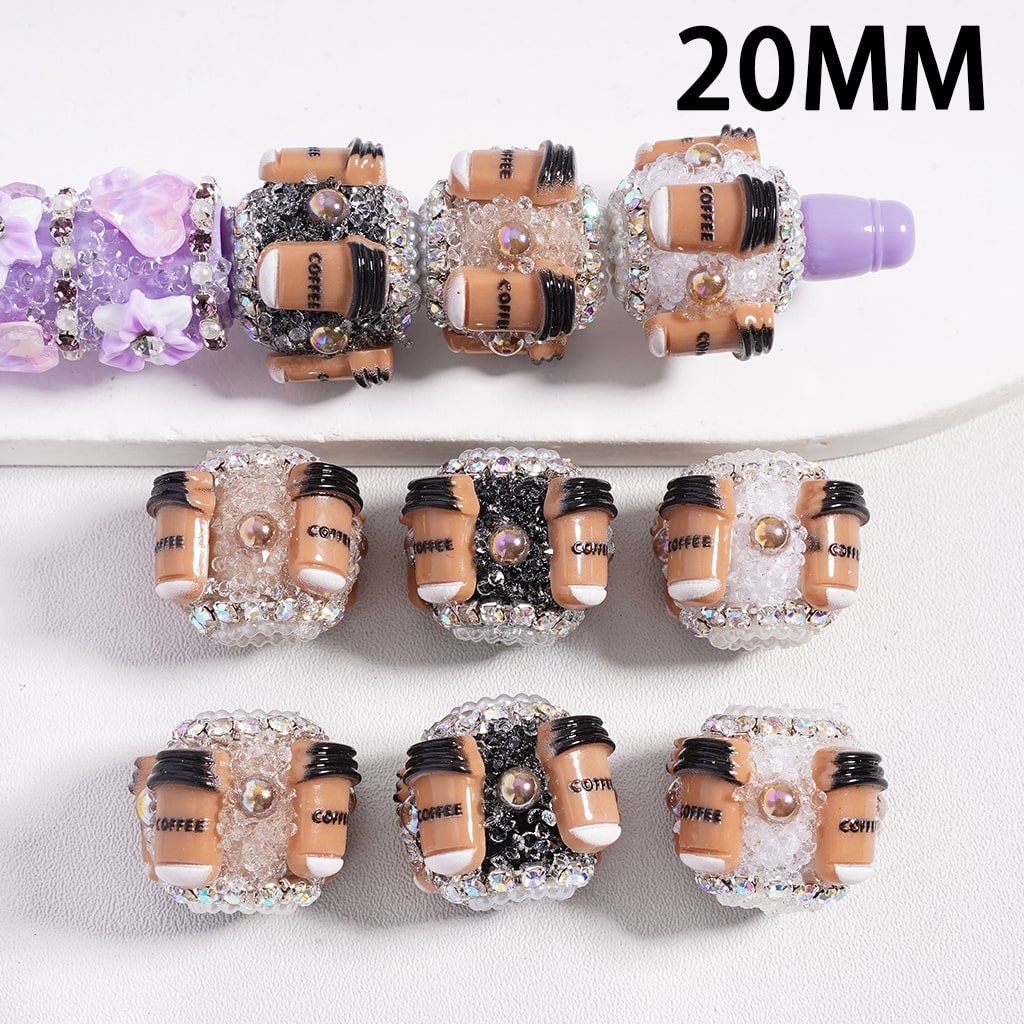 Sugar Acrylic Beads w Coffee Cup & Brown Half-Shell Pearls, AB Rhinestones White Pearls Chains, 20MM, Multi-Color