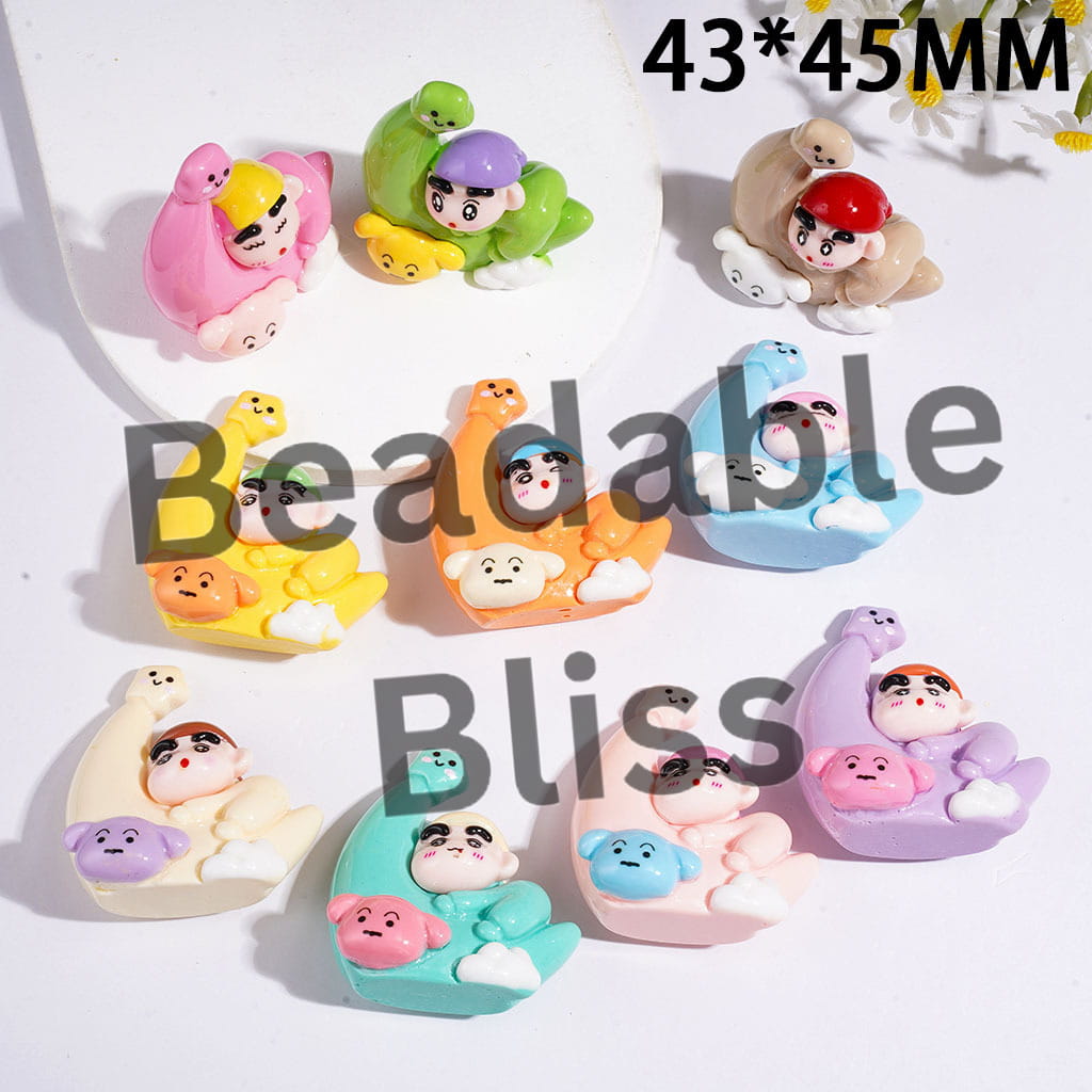 Japanese Funny Boy Character Sitting in Moon with Dog Cloud Acrylic Figurine for Beads and Pen Topper, Jewelry Accessories, 43*45MM Random Mix