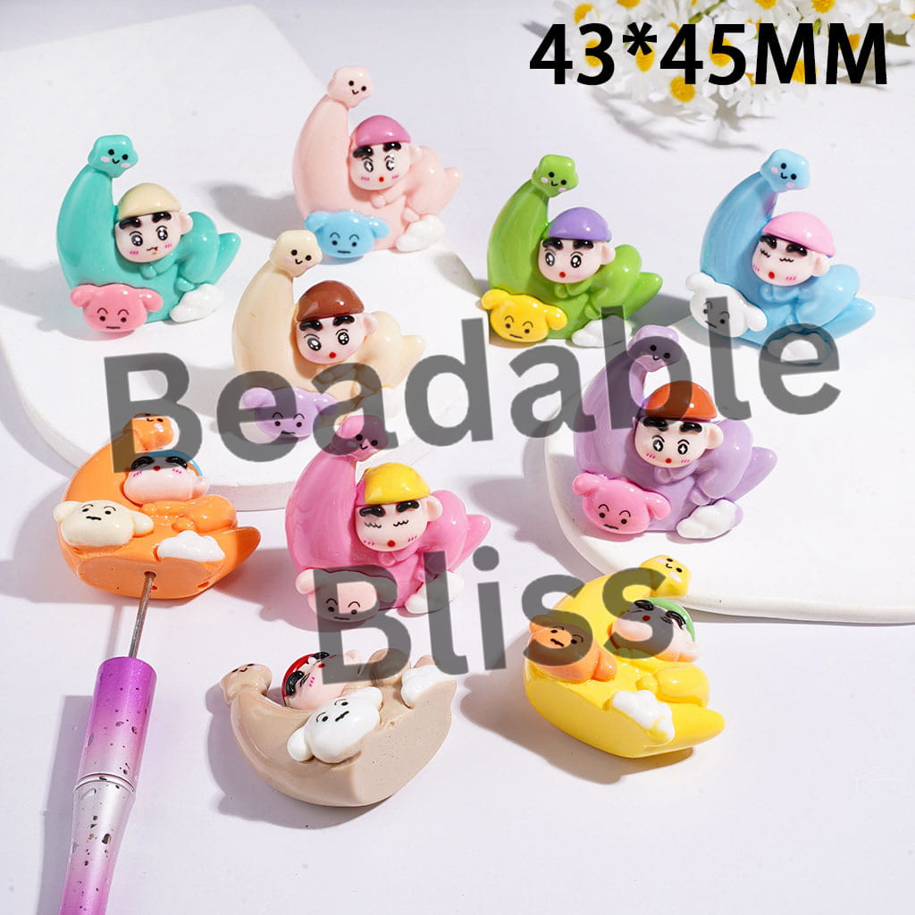 Japanese Funny Boy Character Sitting in Moon with Dog Cloud Acrylic Figurine for Beads and Pen Topper, Jewelry Accessories, 43*45MM Random Mix