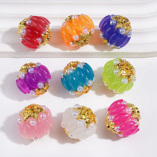 Handmade Acrylic Beads w Gold Alloy Six Pointed Flower on Both Base Sides, w Salix Leaf Rhinestones and Half-Shell Pearls, Candy Colors, 20MM