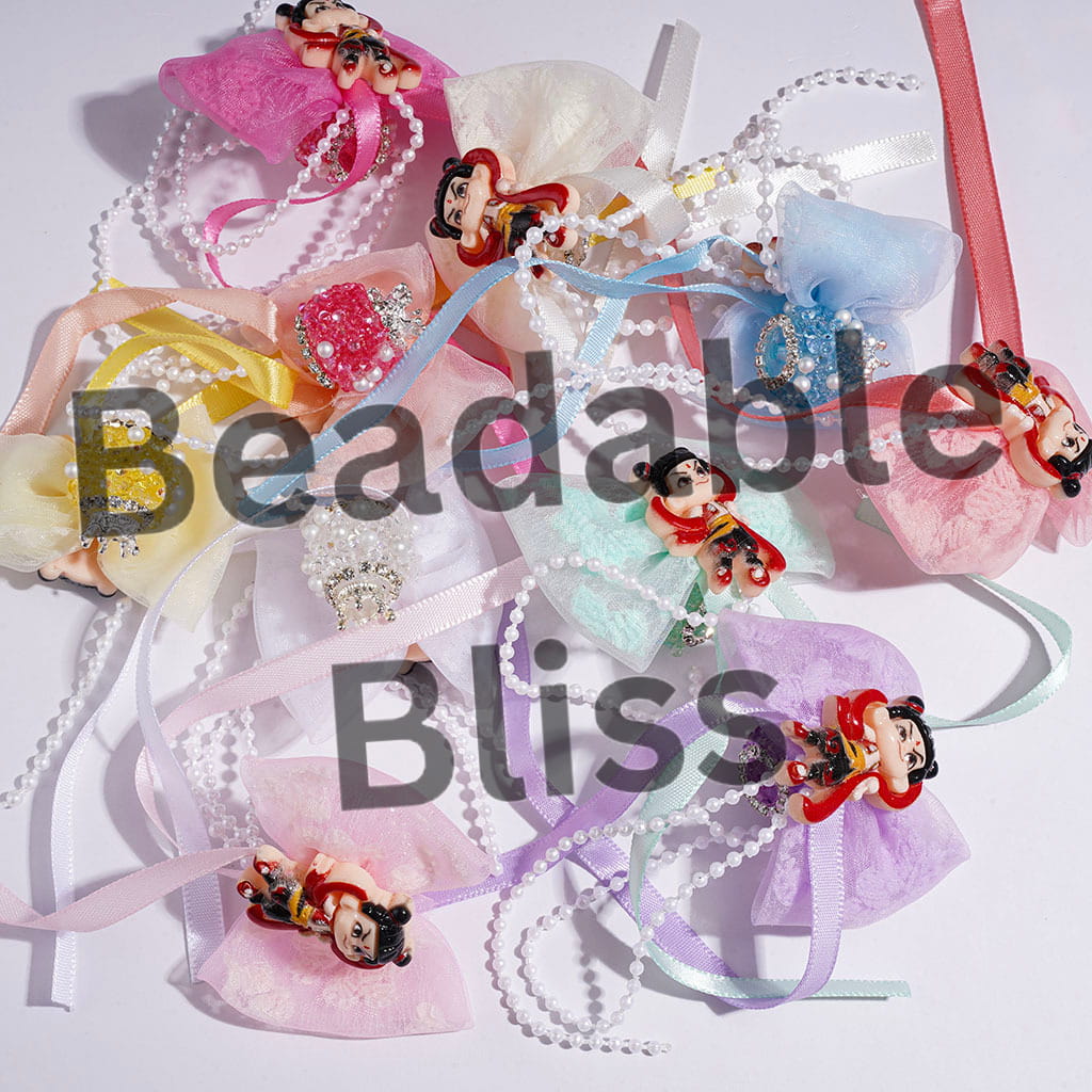 Acrylic Sugar Beads with Metal Crown White Pearl & Clear Rhinestone Chains, Fabric Bowtie w Cartoon Characters, Long Ribbon & Pearl Tassels, Random Mix Multi-Color