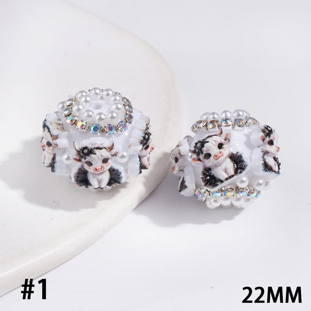 Handmade Acrylic Beads with Highland Cattle in Diverse Design and White Pearl, AB Rhinestones Chains, 22MM