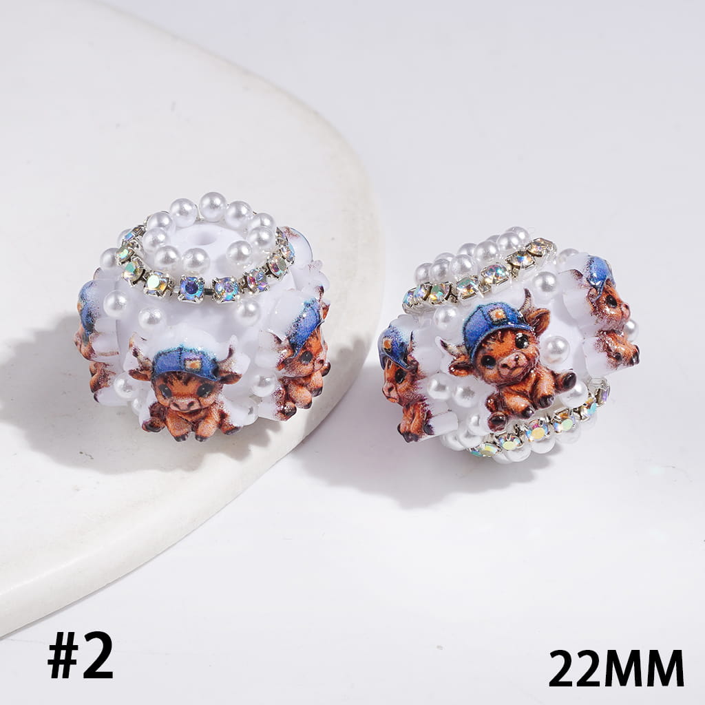 Handmade Acrylic Beads with Highland Cattle in Diverse Design and White Pearl, AB Rhinestones Chains, 22MM