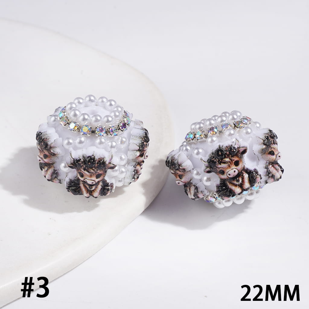 Handmade Acrylic Beads with Highland Cattle in Diverse Design and White Pearl, AB Rhinestones Chains, 22MM