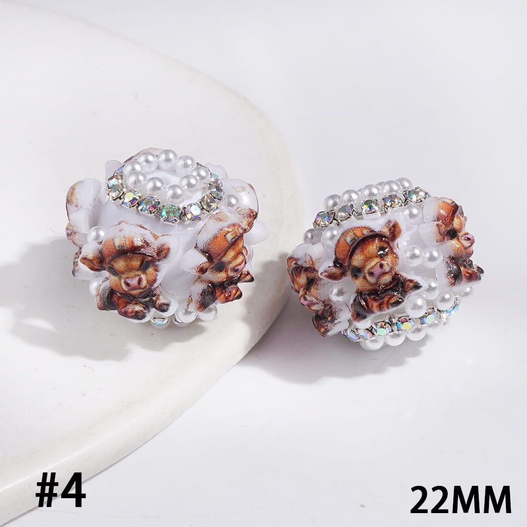 Handmade Acrylic Beads with Highland Cattle in Diverse Design and White Pearl, AB Rhinestones Chains, 22MM