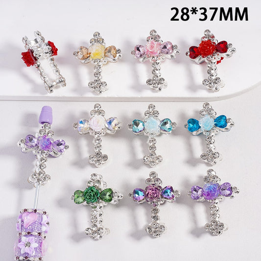 Silver Color Metal Beads, Fancy Cross with Clear Rhinestones & Rose Flower, 28*37MM, Random Mix