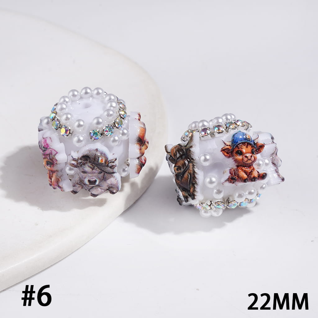 Handmade Acrylic Beads with Highland Cattle in Diverse Design and White Pearl, AB Rhinestones Chains, 22MM