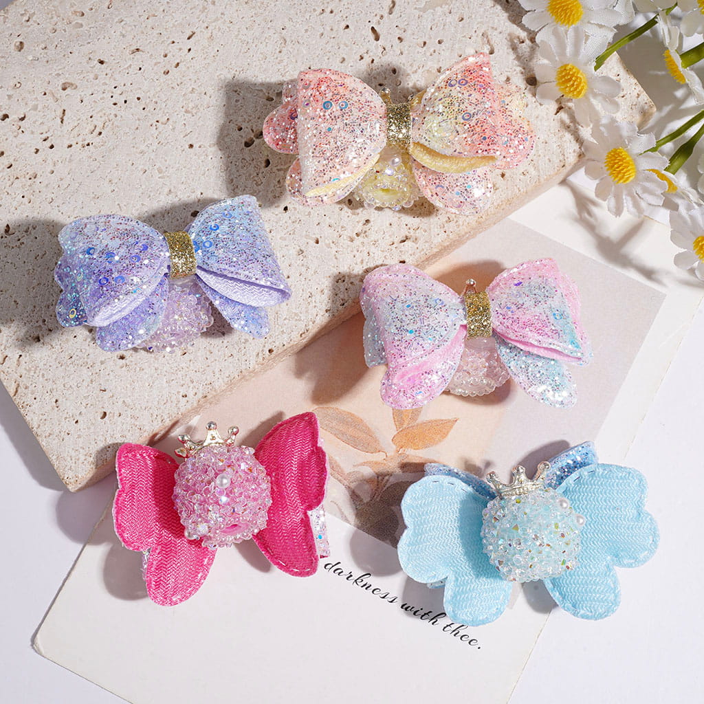 Acrylic Sugar Beads with Shiny Rhinestone & White Pearl, Metal Crown & Clear Ball Chains, Gradient Fabric Bow w Confetti, Random Mix Multi-Color