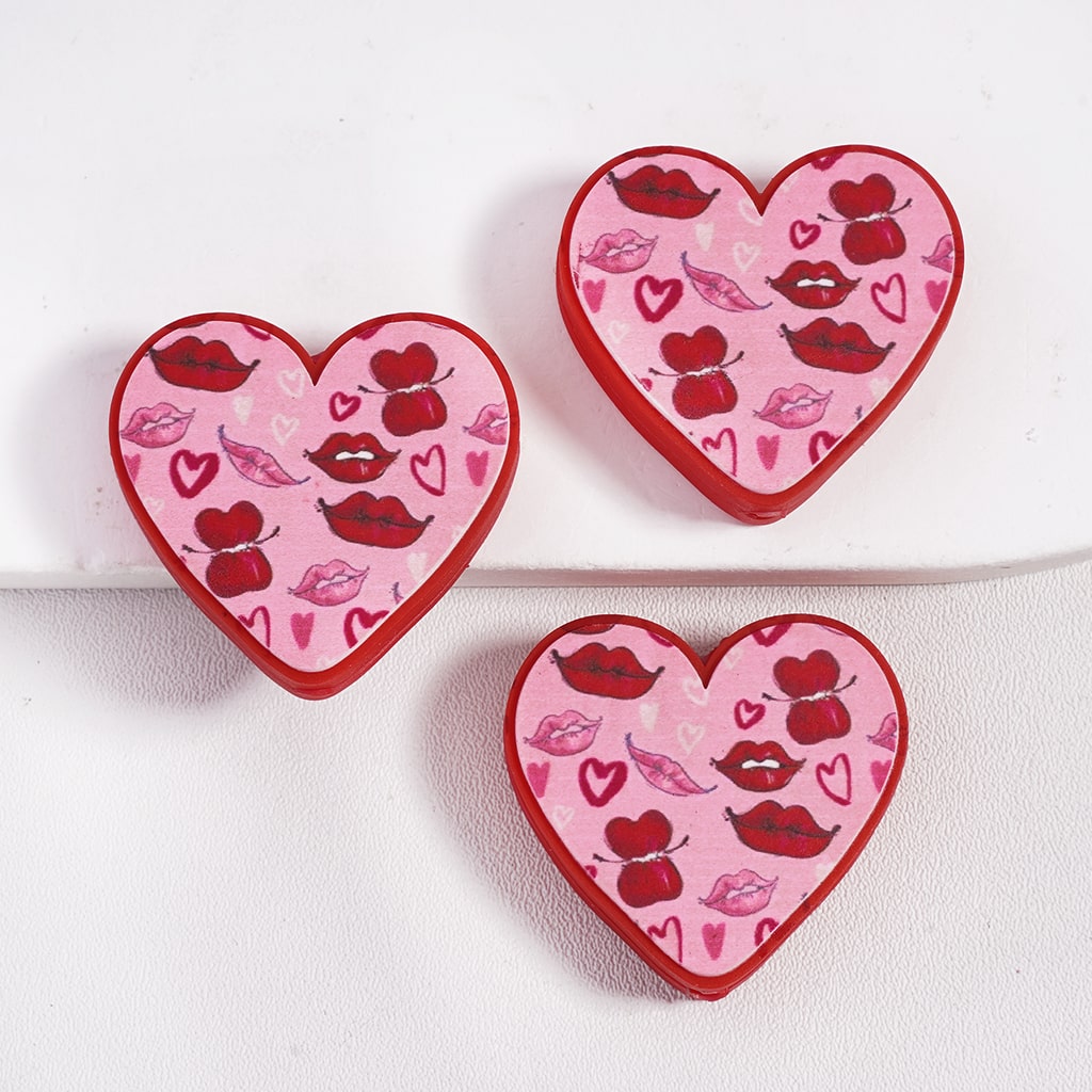 Silicone Focal Beads with Lip Prints and Small Hearts Valentine's Day, Heart Shape, Pink and Red