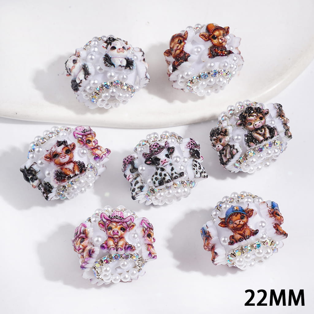 Handmade Acrylic Beads with Highland Cattle in Diverse Design and White Pearl, AB Rhinestones Chains, 22MM