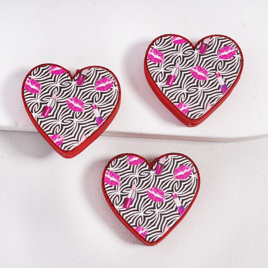 Silicone Focal Beads with Pink Lip Prints and Lipstick on Black Stripes Valentine's Day Theme, Heart Shape