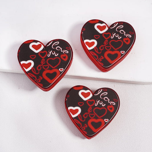 Silicone Focal Beads with Text "I Love You" and Double Colors Hearts Valentine's Day Love Theme, Heart Shape