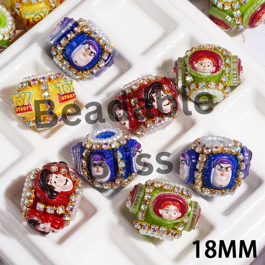 Handmade Acrylic Beads with Toy Adventure Character Series, AB Rhinestone and White Pearl Chains, 18MM Multi-Color Random Mix