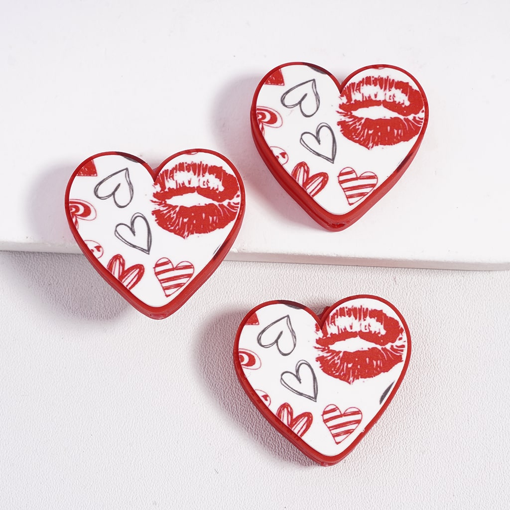 Silicone Focal Beads with Red Lip Prints and Hearts Valentine's Day, Heart Shape