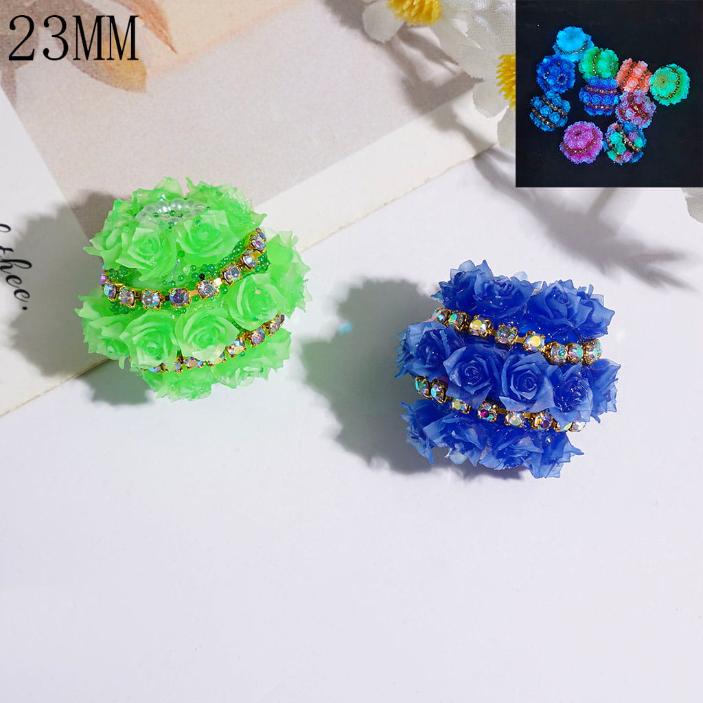 Handmade Acrylic Beads Luminous with Tiny Bubble Balls and Rose Flower, White Pearl and AB Rhinestone Chains, 23MM Multi-Color Random Mix