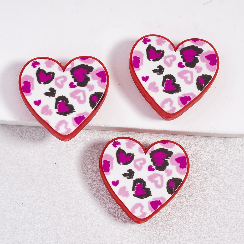 Silicone Focal Beads with Pink-Purple Leopard Print Hearts Valentine's Day, Heart Shape