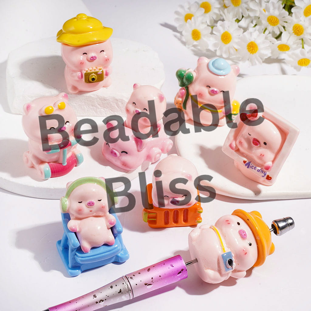 Japanese Pink Pig Cartoon Character Summer Holiday Series Acrylic Figurine for Beads and Pen Topper, Jewelry Accessories, Random Mix