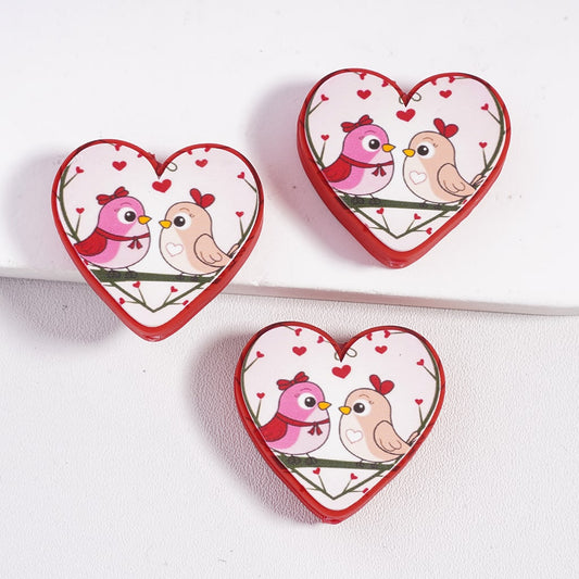 Silicone Focal Beads with Two Love-Birds Valentine's Day Love Theme, Heart Shape