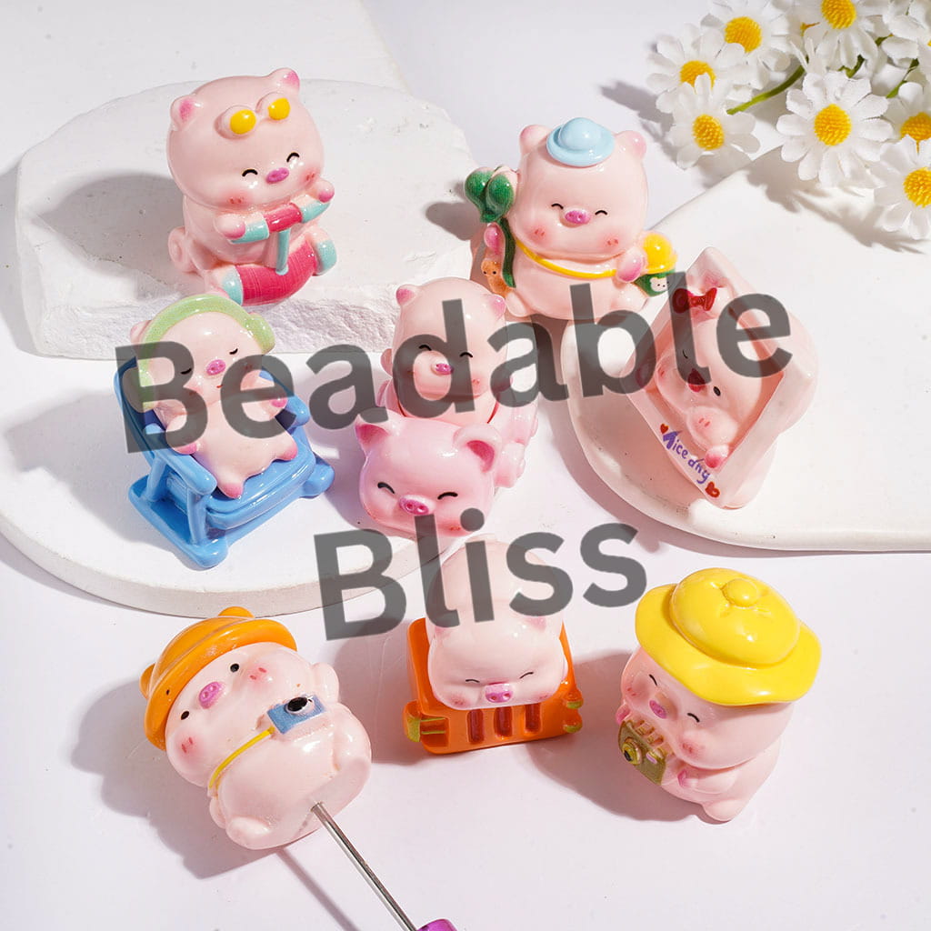 Japanese Pink Pig Cartoon Character Summer Holiday Series Acrylic Figurine for Beads and Pen Topper, Jewelry Accessories, Random Mix