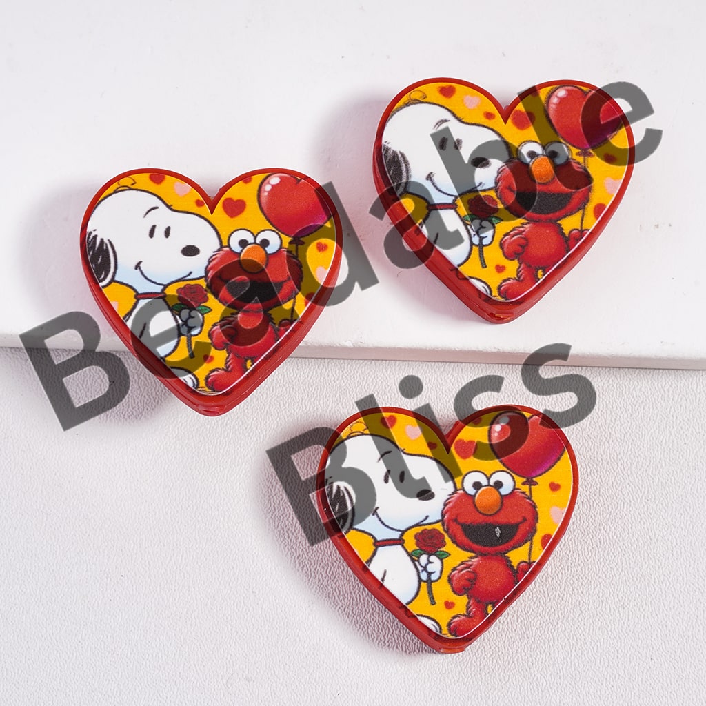 Silicone Focal Beads with White Cute Dog and Red Monster Characters Holding Red Rose Flower & Balloon Valentine's Day