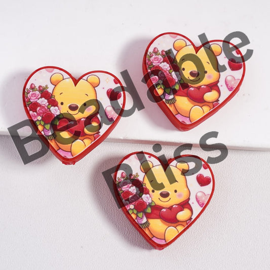 Silicone Focal Beads Cute Yellow Bear Character Holding A Bouquet Rose Flowers and Red Heart Valentine's Day Theme, Heart Shape