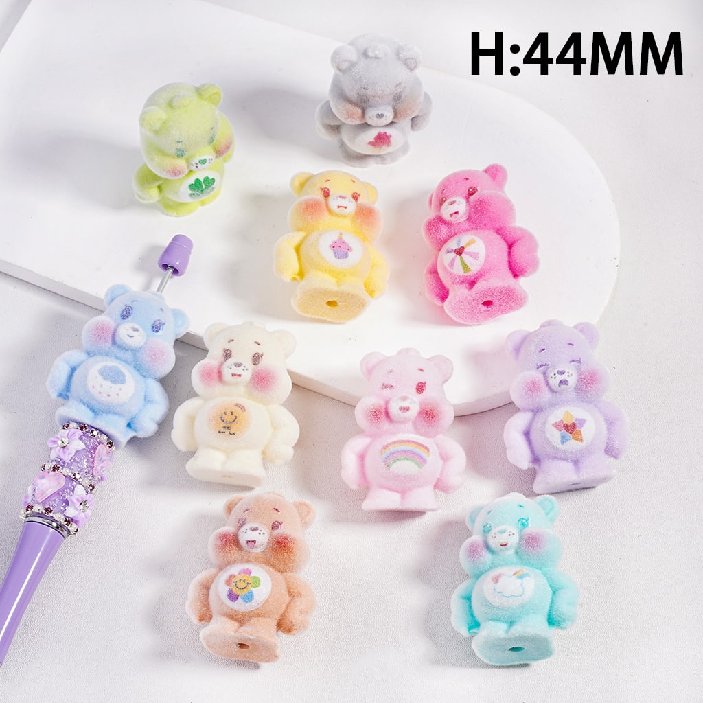 Cute Bear Figurine, can be also used as Acrylic Beads or Pen Topper, Flocked Fluffy, Height 44MM, Random Mix