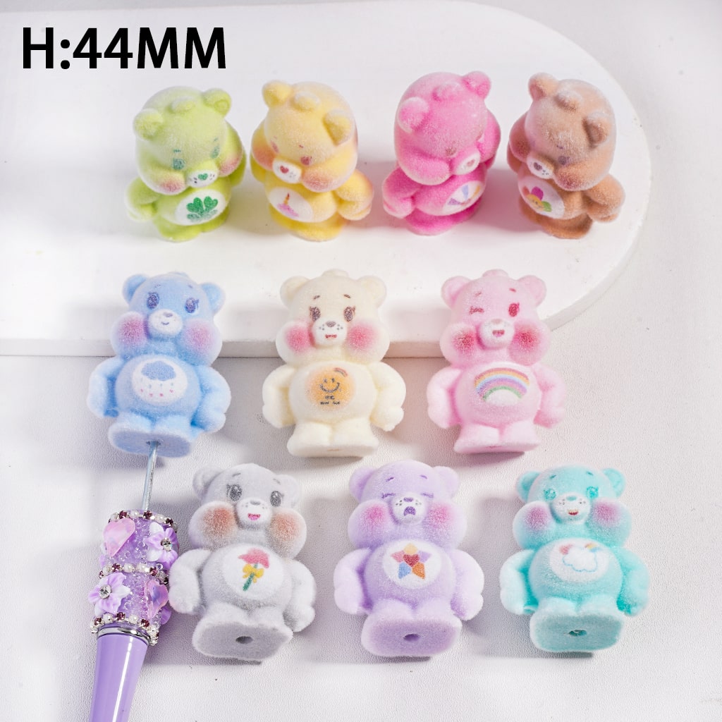 Cute Bear Figurine, can be also used as Acrylic Beads or Pen Topper, Flocked Fluffy, Height 44MM, Random Mix