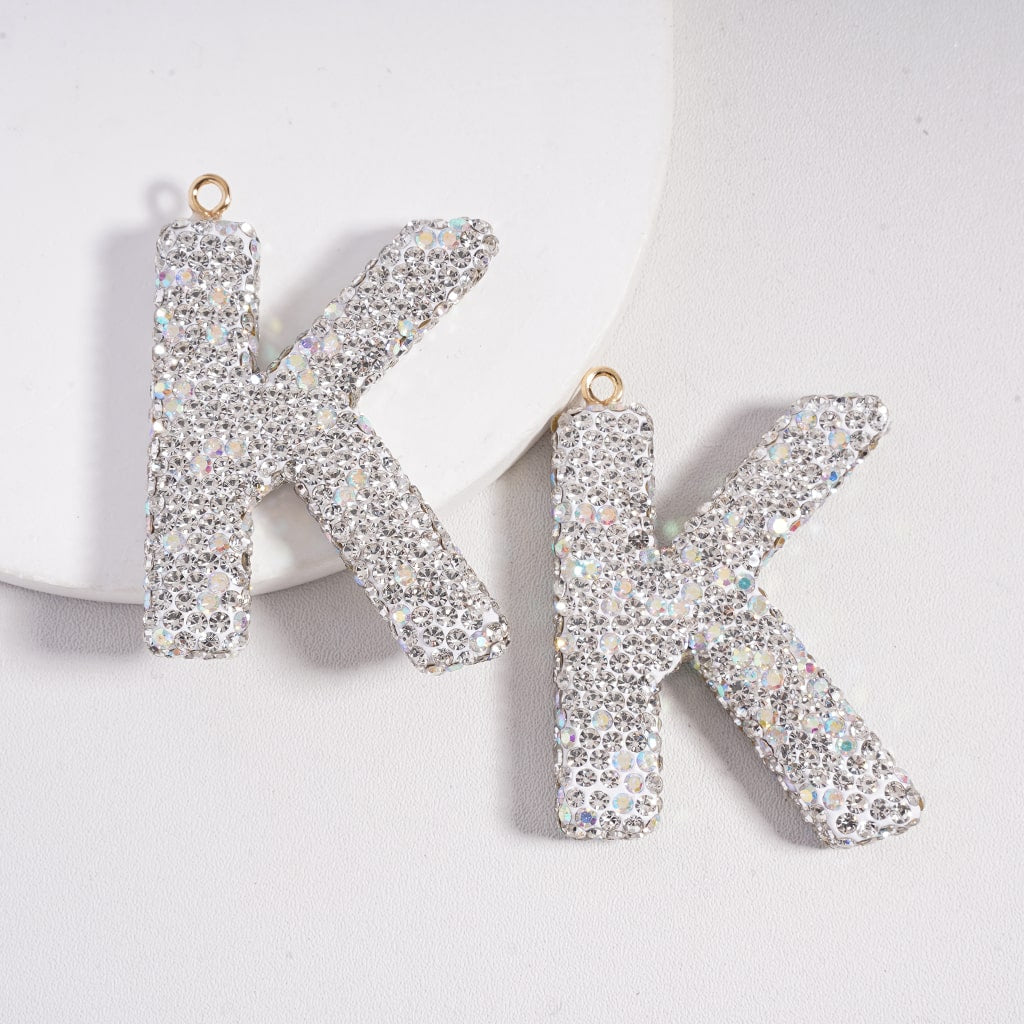Clay Keychain Pendant Large-Sized Initial Letter, Jewelry Accessories with Rhinestones (Size Varies Between 50 to 60 MM Depending on Letter)
