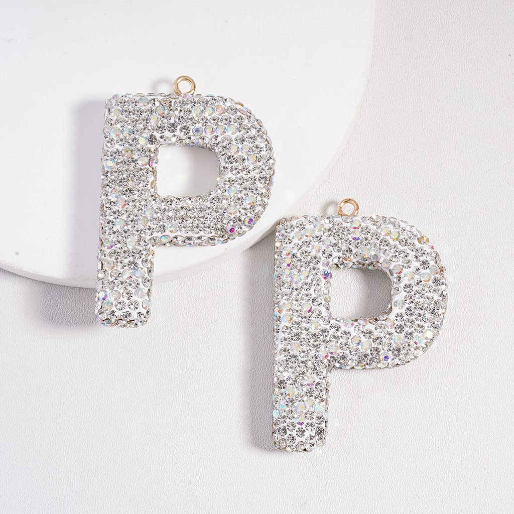 Clay Keychain Pendant Large-Sized Initial Letter, Jewelry Accessories with Rhinestones (Size Varies Between 50 to 60 MM Depending on Letter)