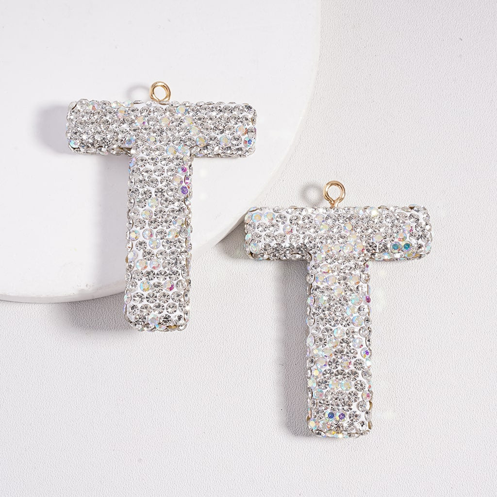 Clay Keychain Pendant Large-Sized Initial Letter, Jewelry Accessories with Rhinestones (Size Varies Between 50 to 60 MM Depending on Letter)