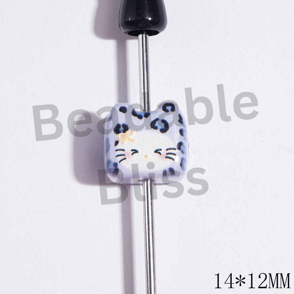Kitten Head Shape with Leopard and Cute Cat Patterns Acrylic Beads, 14*12MM, Multi-Color, Random Mix