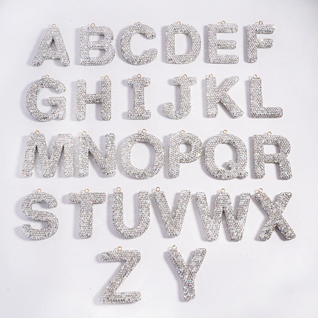 Clay Keychain Pendant Large-Sized Initial Letter, Jewelry Accessories with Rhinestones (Size Varies Between 50 to 60 MM Depending on Letter)