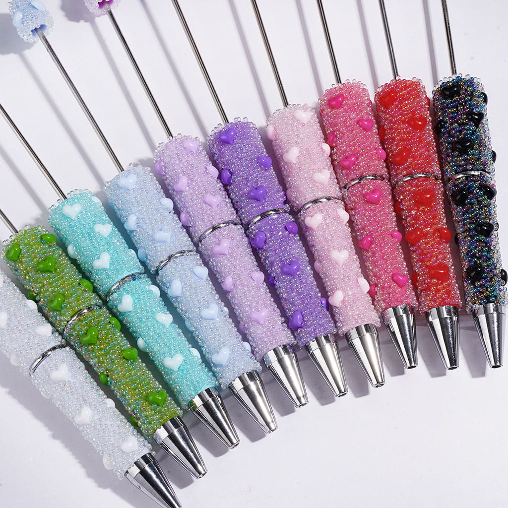 Beadable Pens with Mini Iridescent Bubble Balls and Heart Covered Entire the Pens, Multi-Color