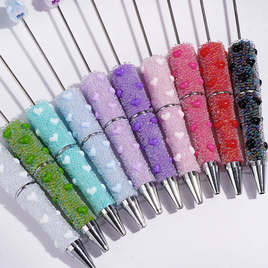 Beadable Pens with Mini Iridescent Bubble Balls and Heart Covered Entire the Pens, Multi-Color