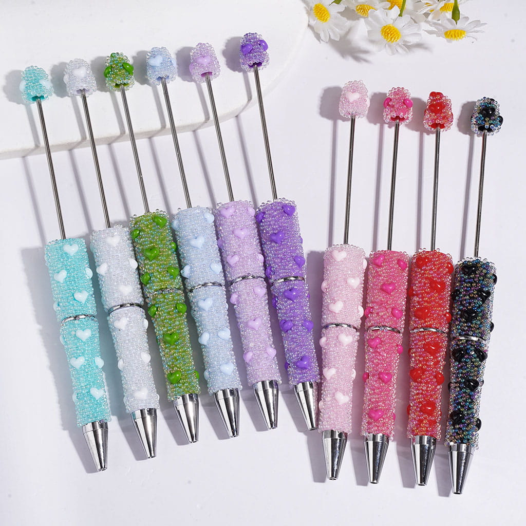 Beadable Pens with Mini Iridescent Bubble Balls and Heart Covered Entire the Pens, Multi-Color