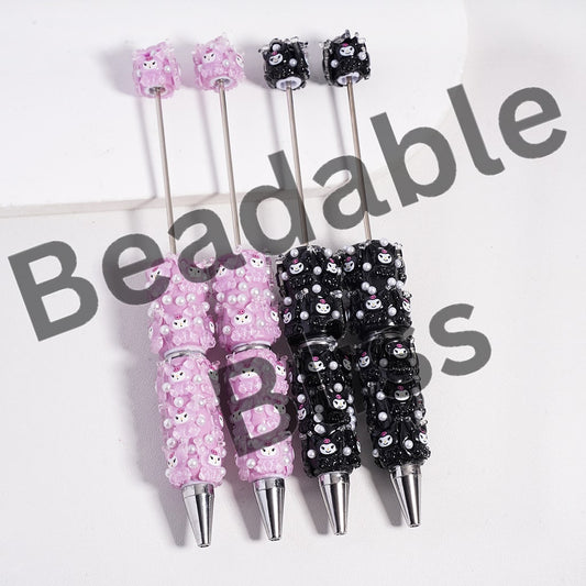 Beadable Clay Pen with Cute Japanese Character & White Pearls, Multi-Color