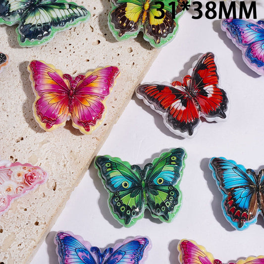 Colorful Butterfly Acrylic Beads with Various Design Texture, 31*38MM, Multi-Color, Random Mix
