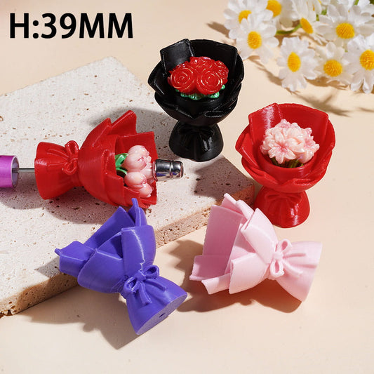 No Flower Ornament - Hollowed Bouquet Style Vase with Bowtie Acrylic Beads, Height 39MM, Multi-Color, Random Mix