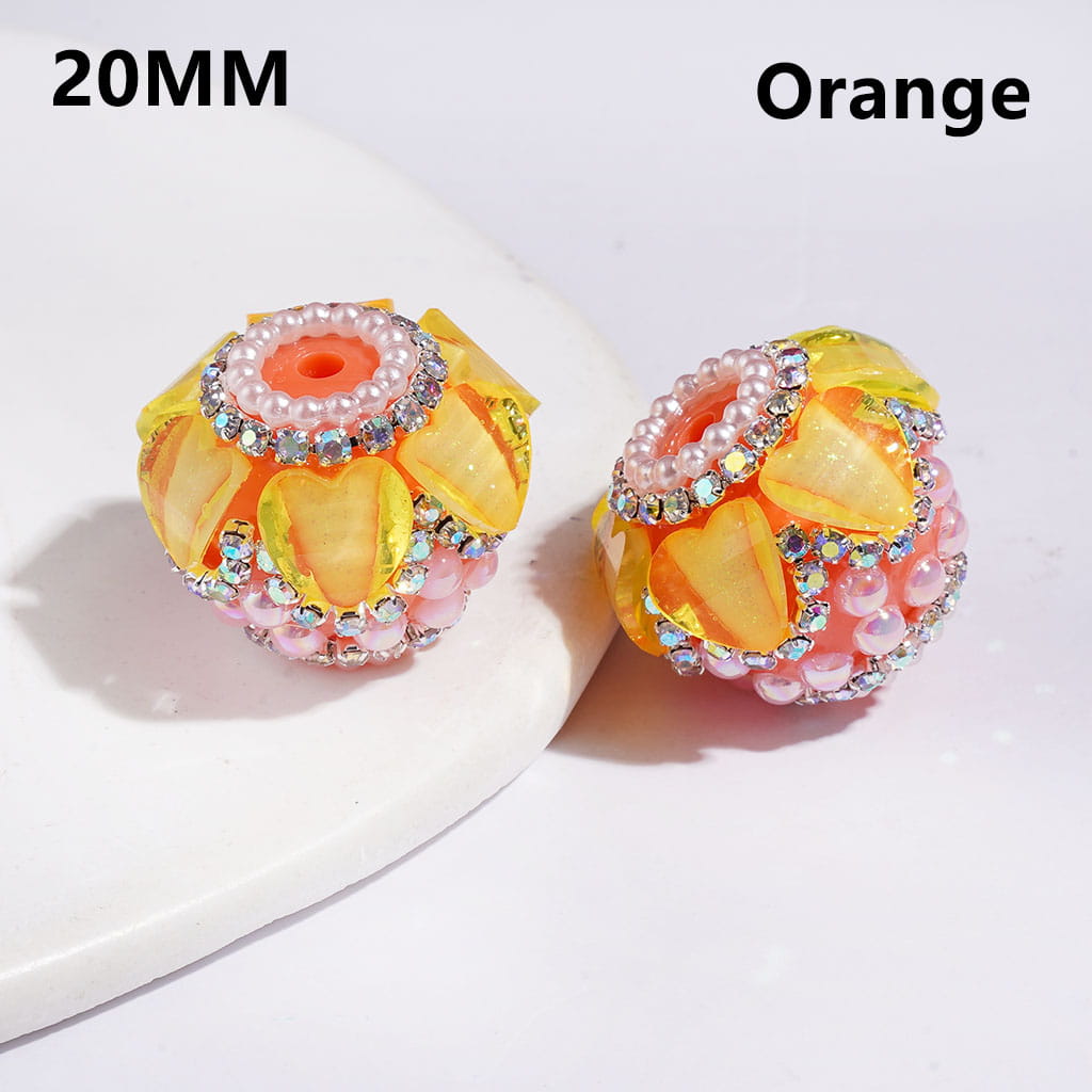 Handcrafted Acrylic Beads with Hearts and AB Rhinestone Chains, White Pearls, Neon Color, 20MM (Please Read Description)
