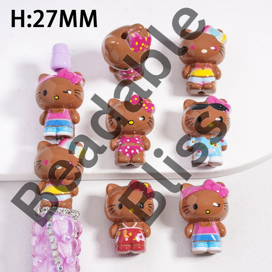 Acrylic Beads Brown Cute Cat Character in Various Clothes, Height 27MM, Random Mix