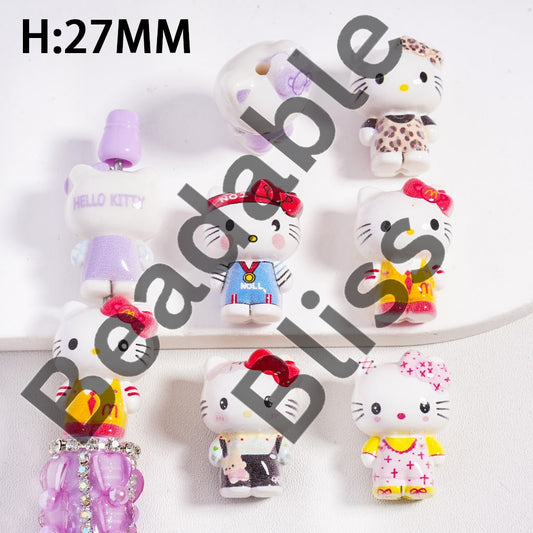 Acrylic Beads White Cute Cat Character in Various Clothes, Height 27MM, Random Mix