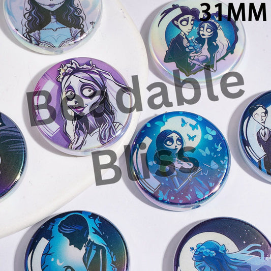 Acrylic Beads UV-Coated with Halloween Skull Couple Character Series, 31MM, Flat Round Shape, Random Mix