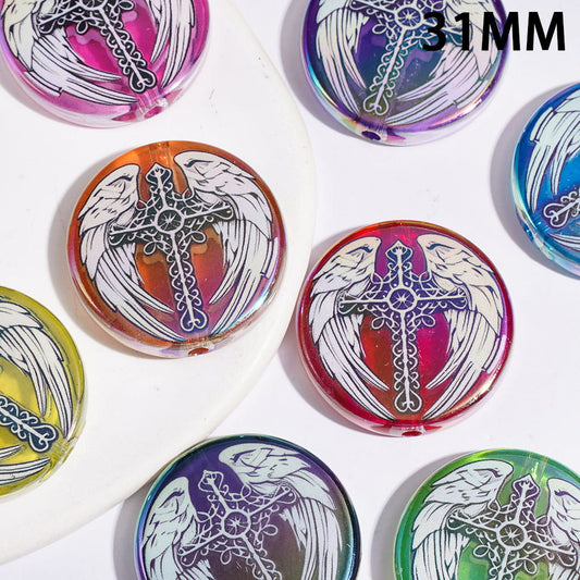 UV Coating Acrylic Beads with Cross and Angel Wings, 31MM, Flat Round Shape, Multi-Color, Random Mix