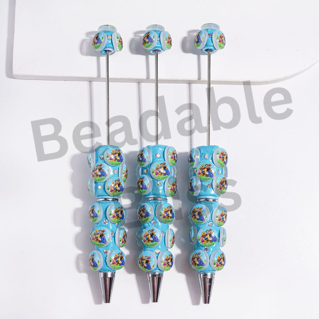 Honey Bear Characters Printed Series and AB Rhinestones Beadable Clay Pens