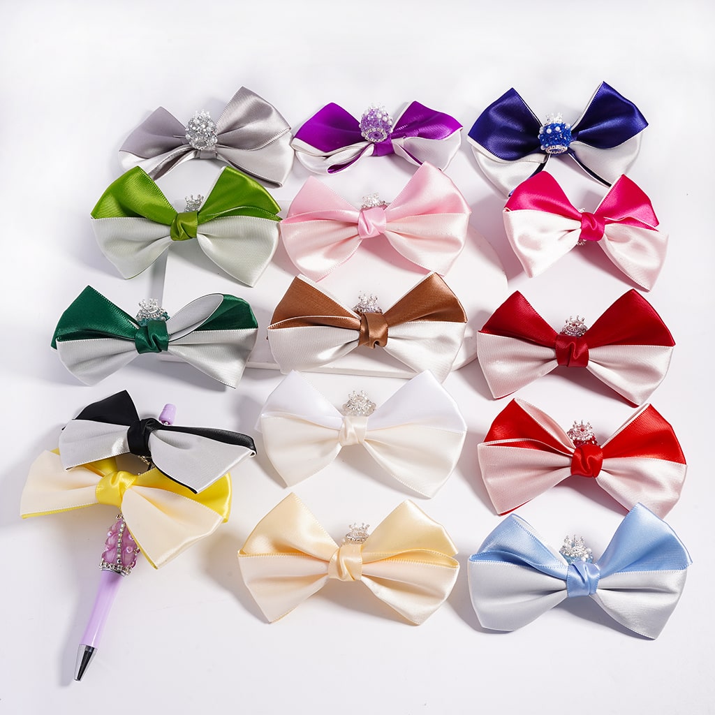 Sugar Acrylic Beads with Fancy Silver Crown & Fabric Bowties, White Pearls and Rhinestones