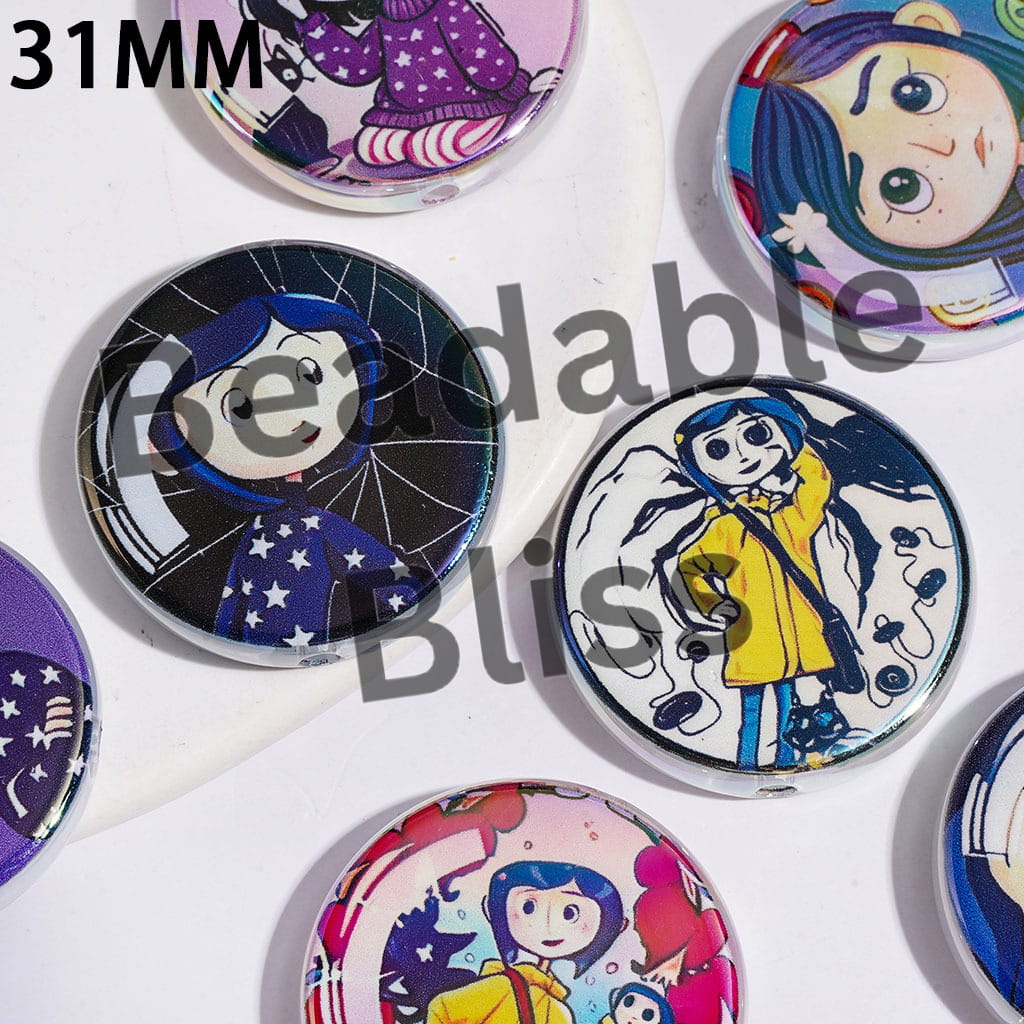 Ghost Mother Character Series UV-Coated Acrylic Beads, 31MM, Flat Round Shape, Random Mix