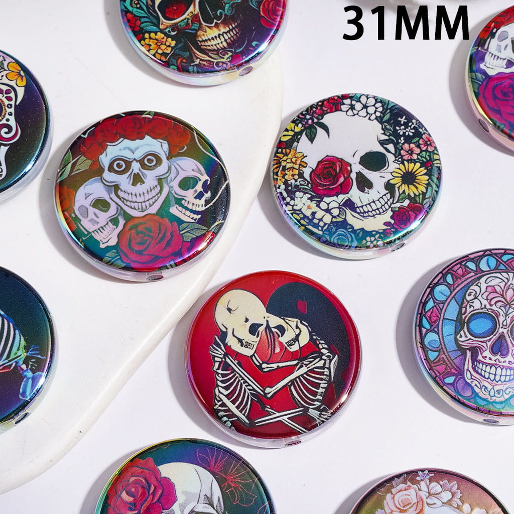 Day of the Dead Theme Skull Head with Flowers Acrylic Beads, 31MM, UV Coating Process, Flat Round Shape, Random Mix