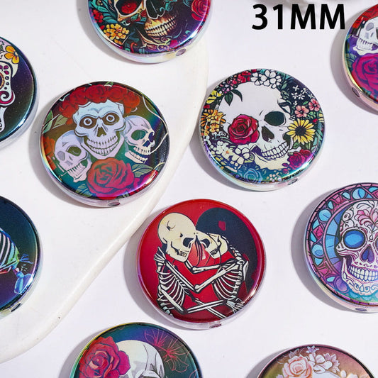Day of the Dead Theme Skull Head with Flowers Acrylic Beads, 31MM, UV Coating Process, Flat Round Shape, Random Mix